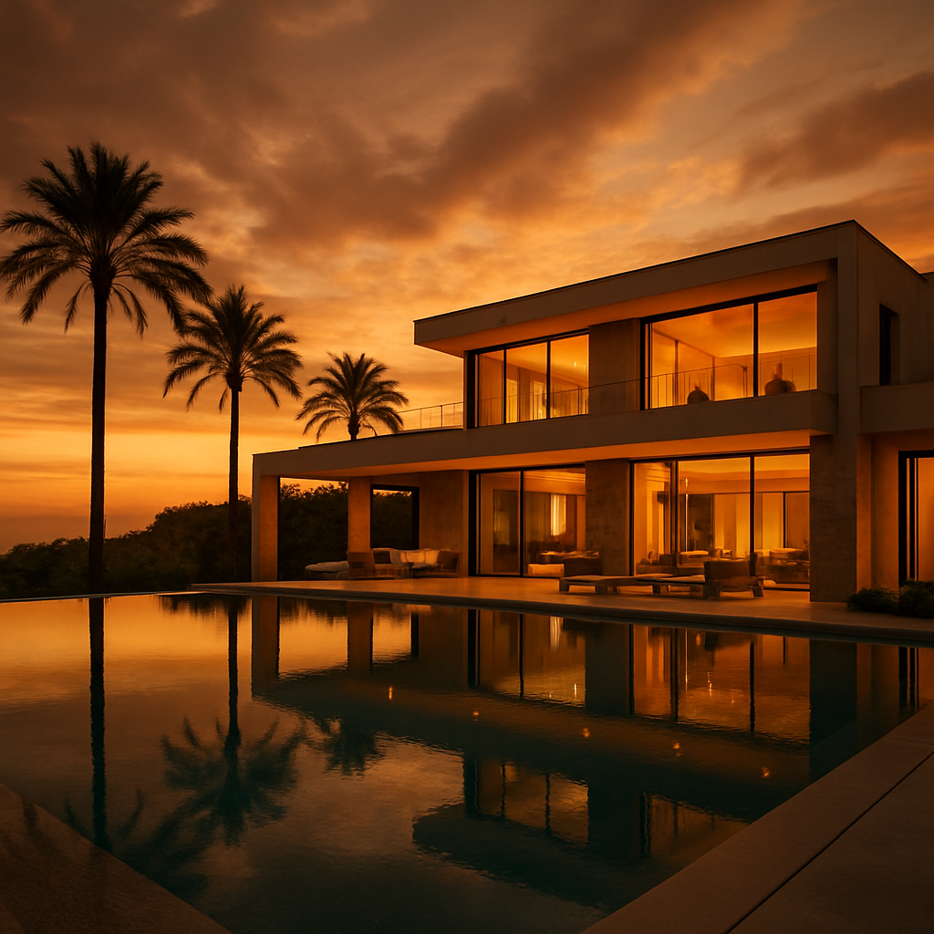 Villa de lujo con piscina infinita al atardecer en la Costa del Sol