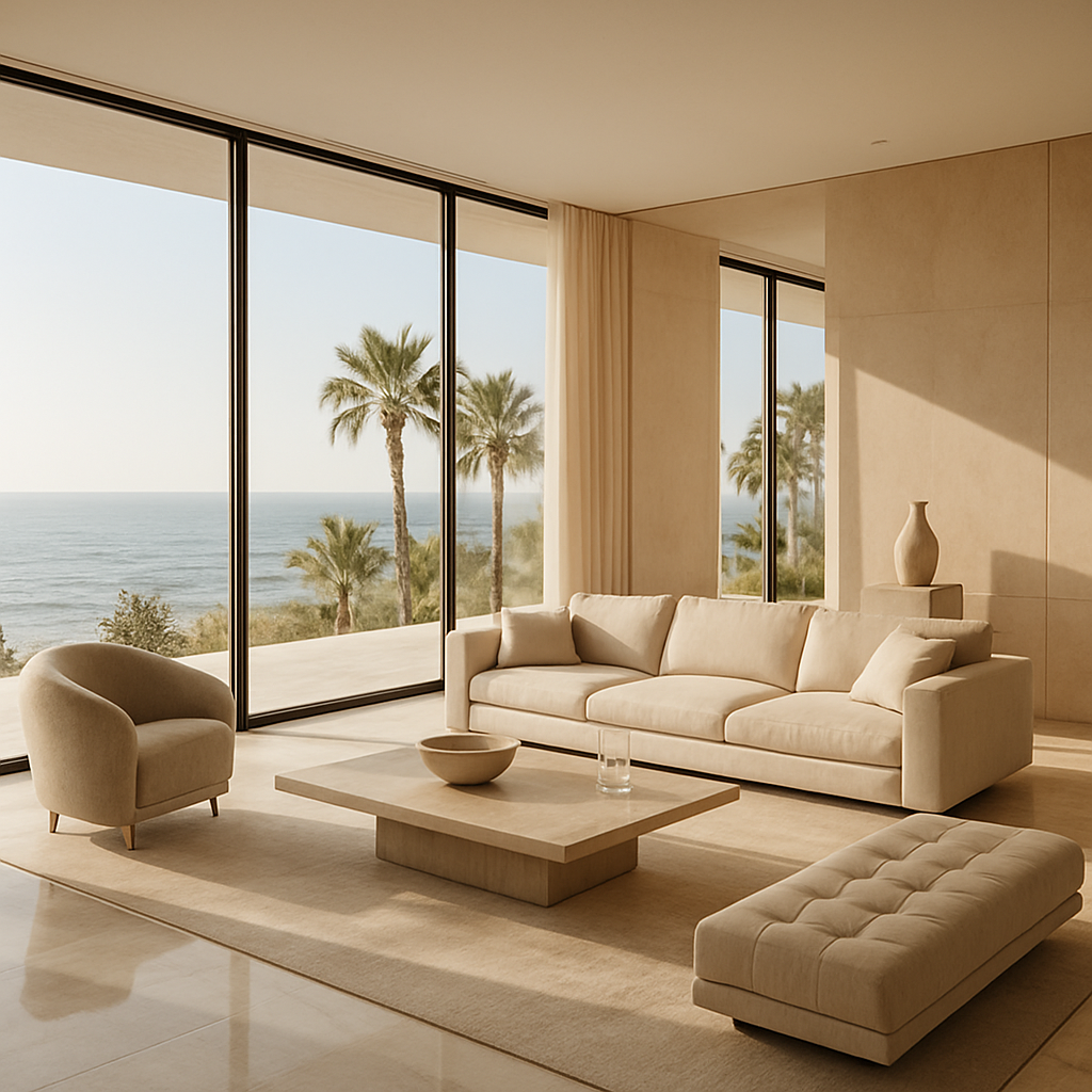Salón interior de villa de lujo con vistas al mar